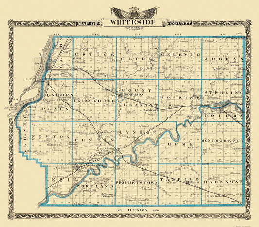 Historic County Map - Whiteside County Illinois  - Warner 1876 - 26.19 x 23 - Vintage Wall Art