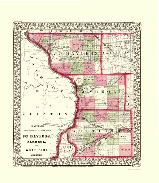 Historic County Map - Whiteside Jo Daviess Carroll Counties Illinois - Campbell 1870 - 23 x 26.36 - Vintage Wall Art