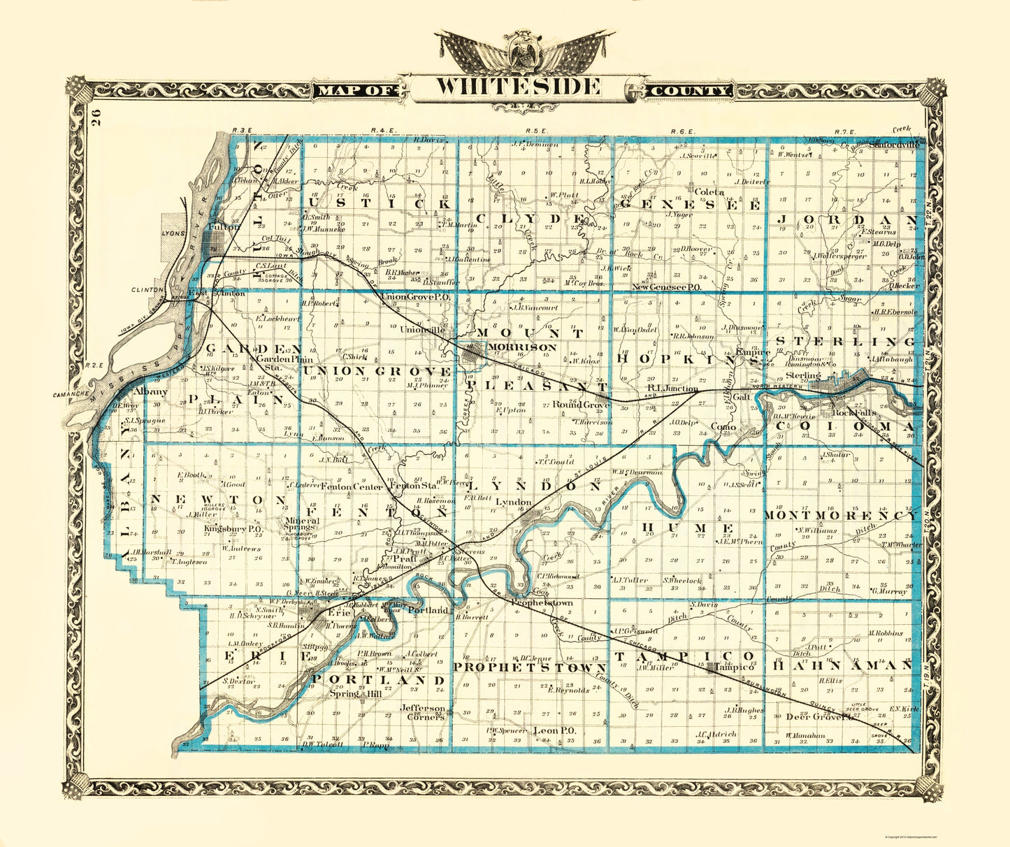 Historic County Map - Whiteside County Illinois  - Warner 1870 - 23 x 27.43 - Vintage Wall Art