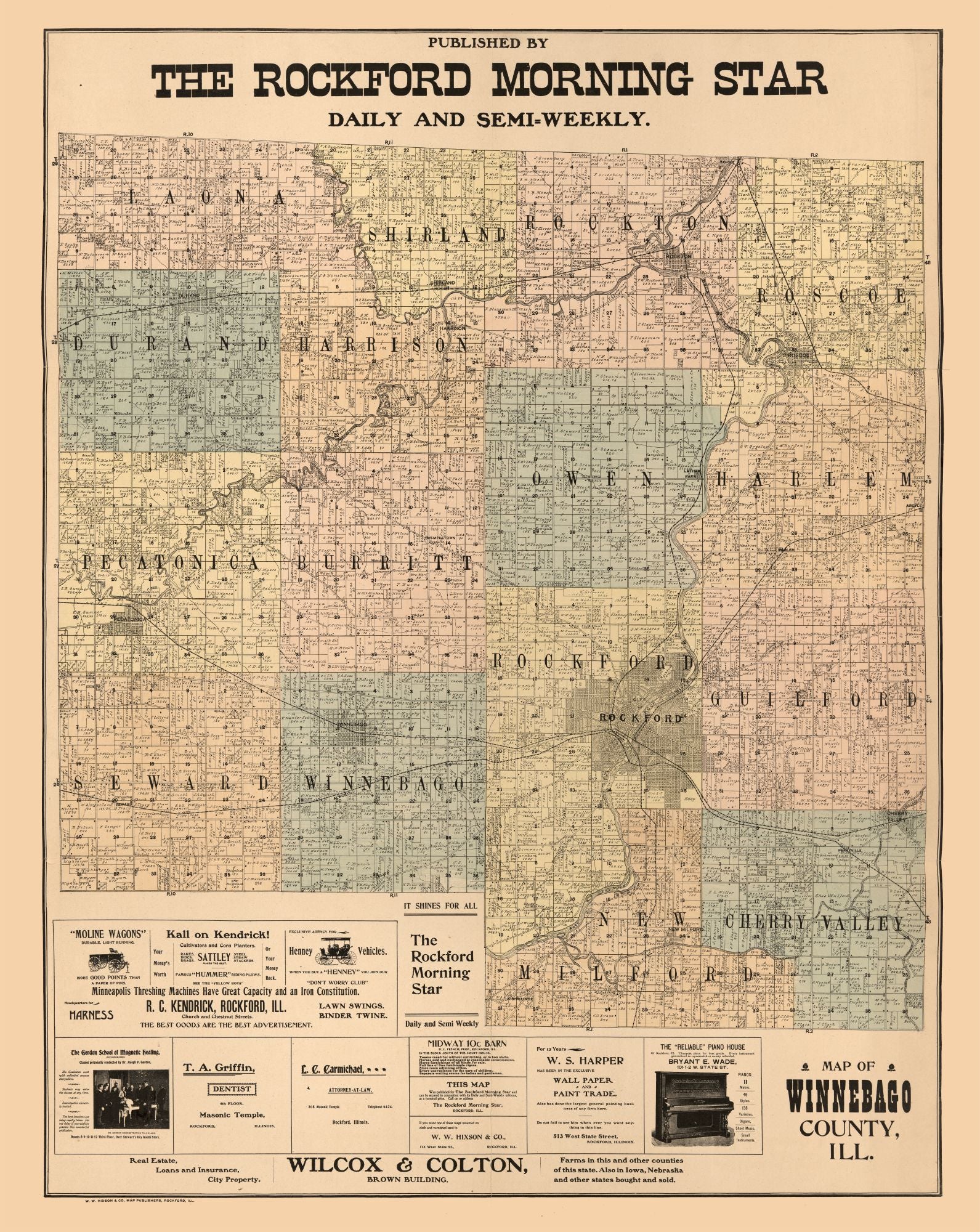 Historic County Map - Winnebago County Illinois - Hixson 1902 - 23 x 2 ...