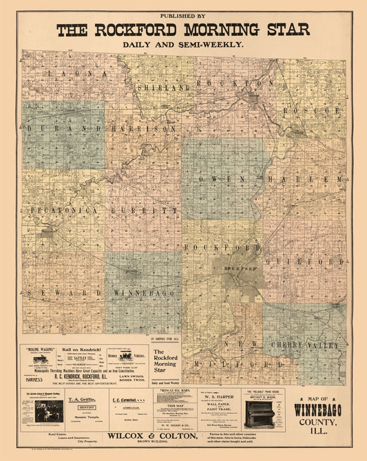 Historic County Map - Winnebago County Illinois - Hixson 1902 - 23 x 28.91 - Vintage Wall Art