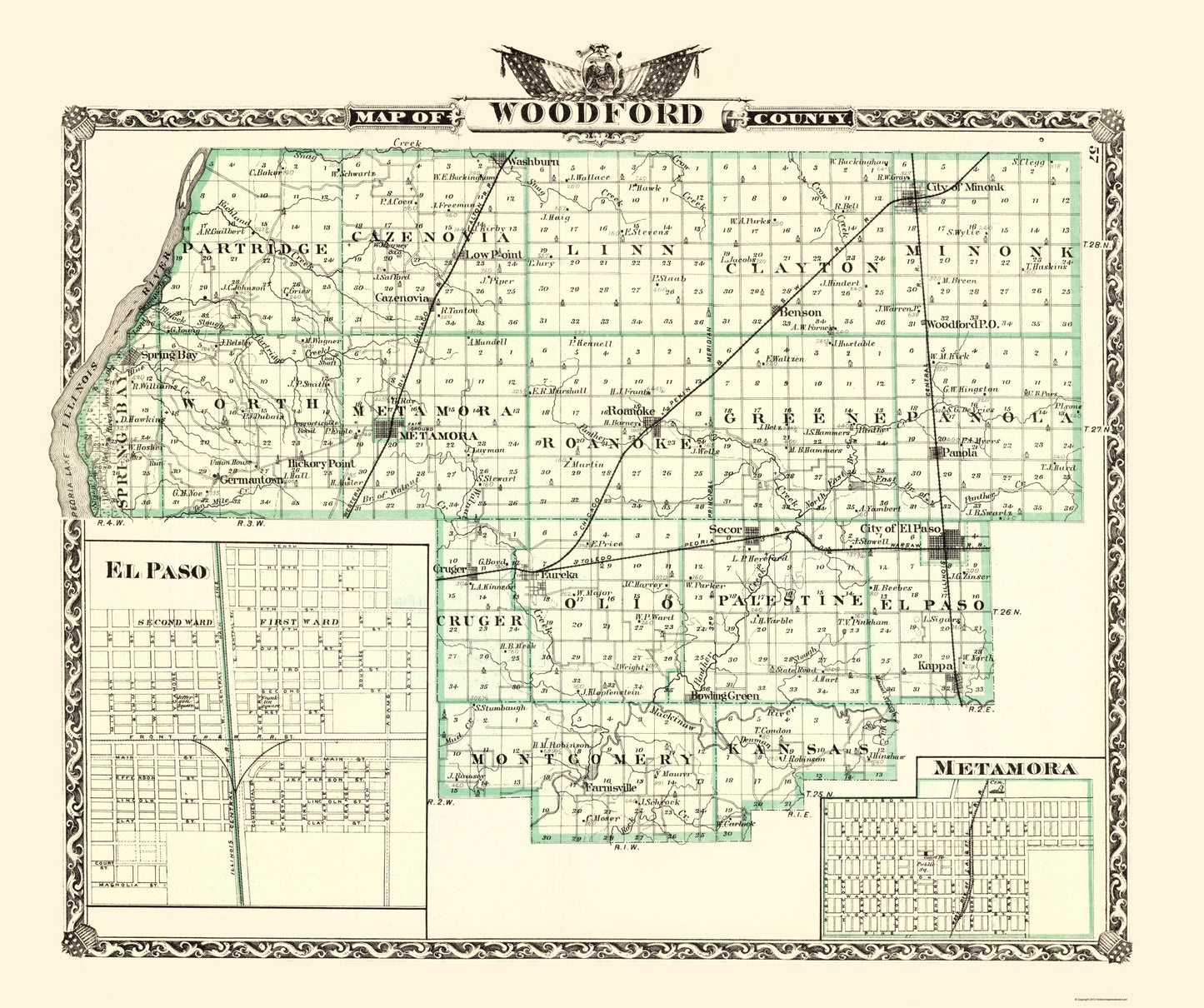 Historic County Map - Woodford County Illinois  - Warner 1870 - 23 x 27.47 - Vintage Wall Art