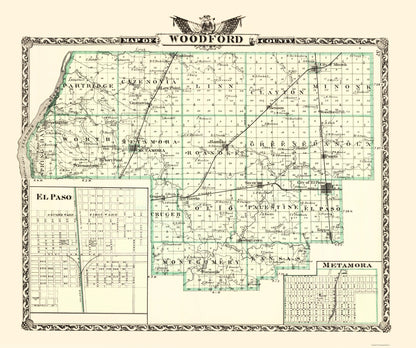 Historic County Map - Woodford County Illinois  - Warner 1870 - 23 x 27.47 - Vintage Wall Art