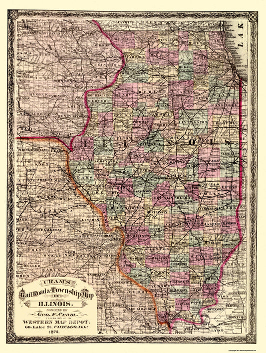 Historic State Map - Illinois - Cram 1875 - 23 x 30.5 - Vintage Wall Art