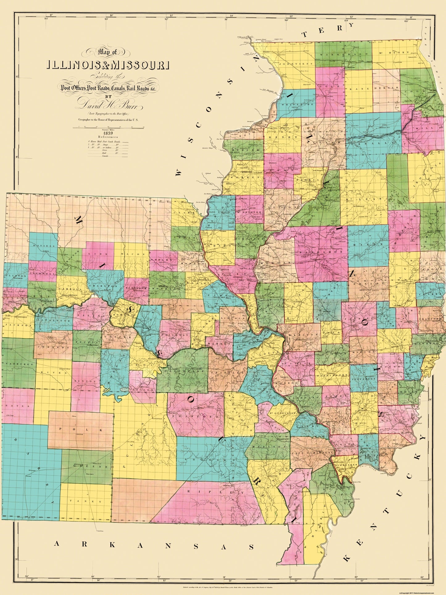 Historic State Map - Illinois Missouri - Burr 1839 - 23 x 30.63 - Vintage Wall Art