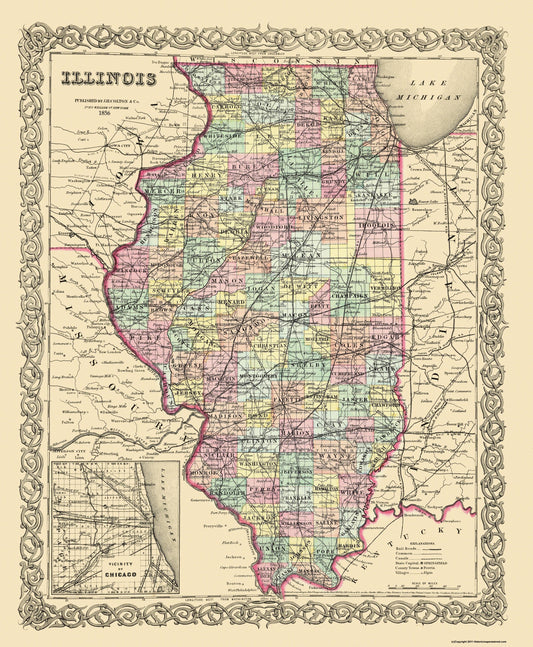 Historic State Map - Illinois - Colton 1856 - 23 x 27.88 - Vintage Wall Art