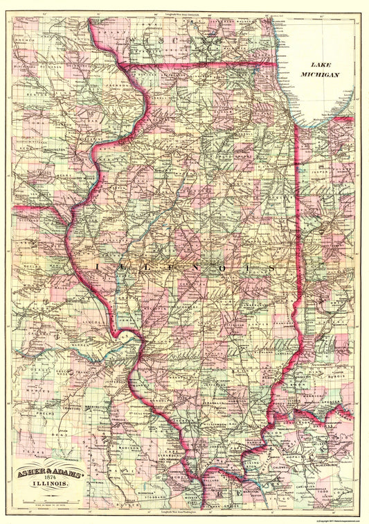 Historic State Map - Illinois - Asher  1874 - 23 x 32.63 - Vintage Wall Art