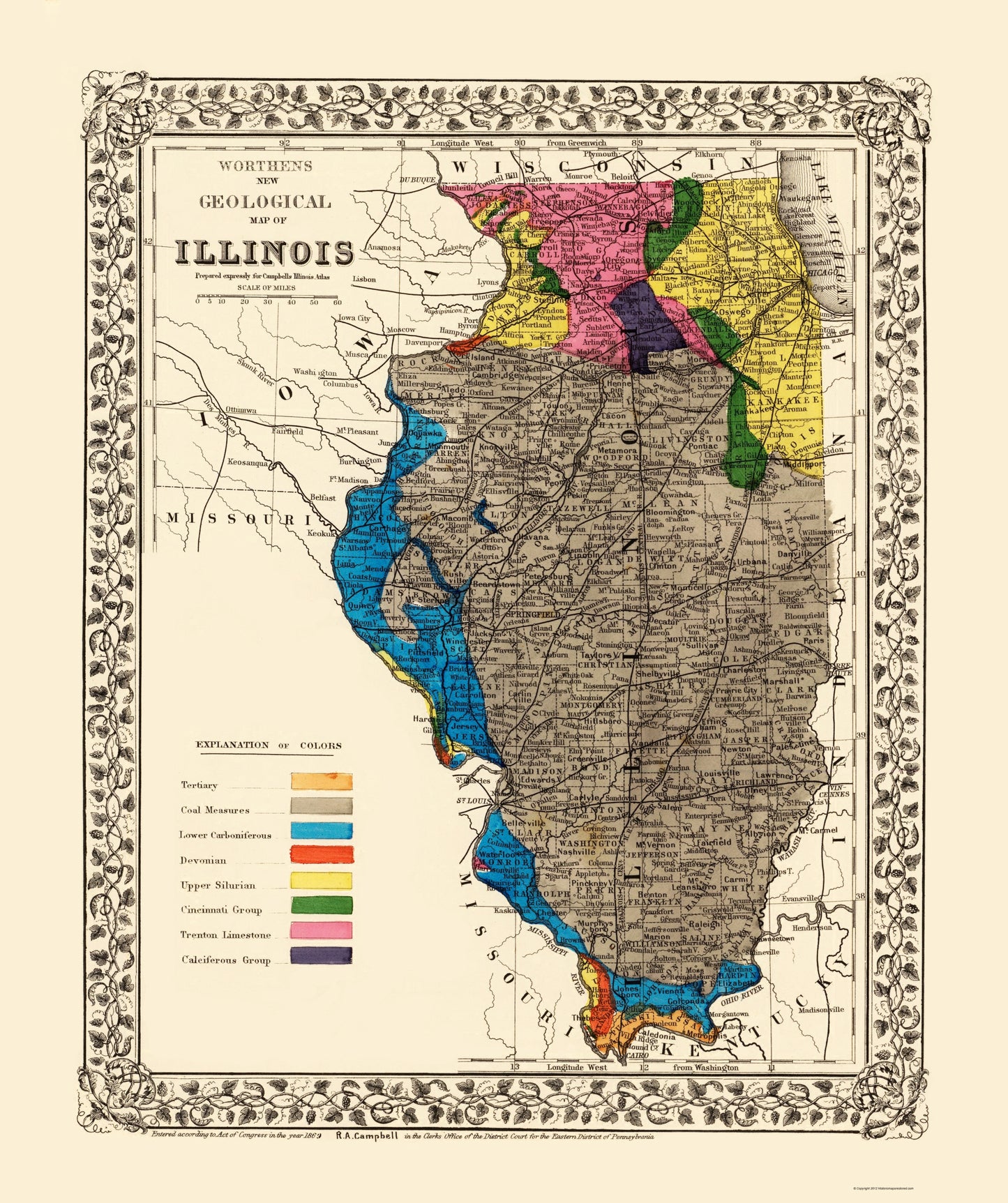 Historic Mine Map - Illinois State Mining - Worthens 1869 - 23 x 27.45 - Vintage Wall Art