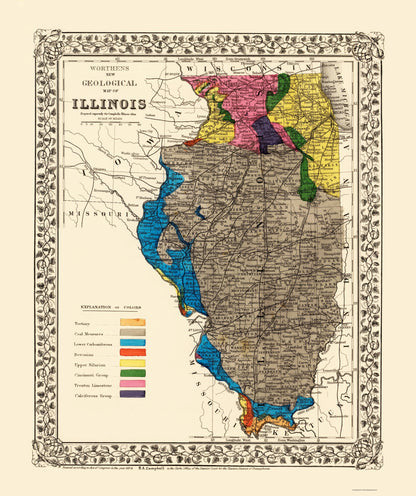 Historic Mine Map - Illinois State Mining - Worthens 1869 - 23 x 27.45 - Vintage Wall Art