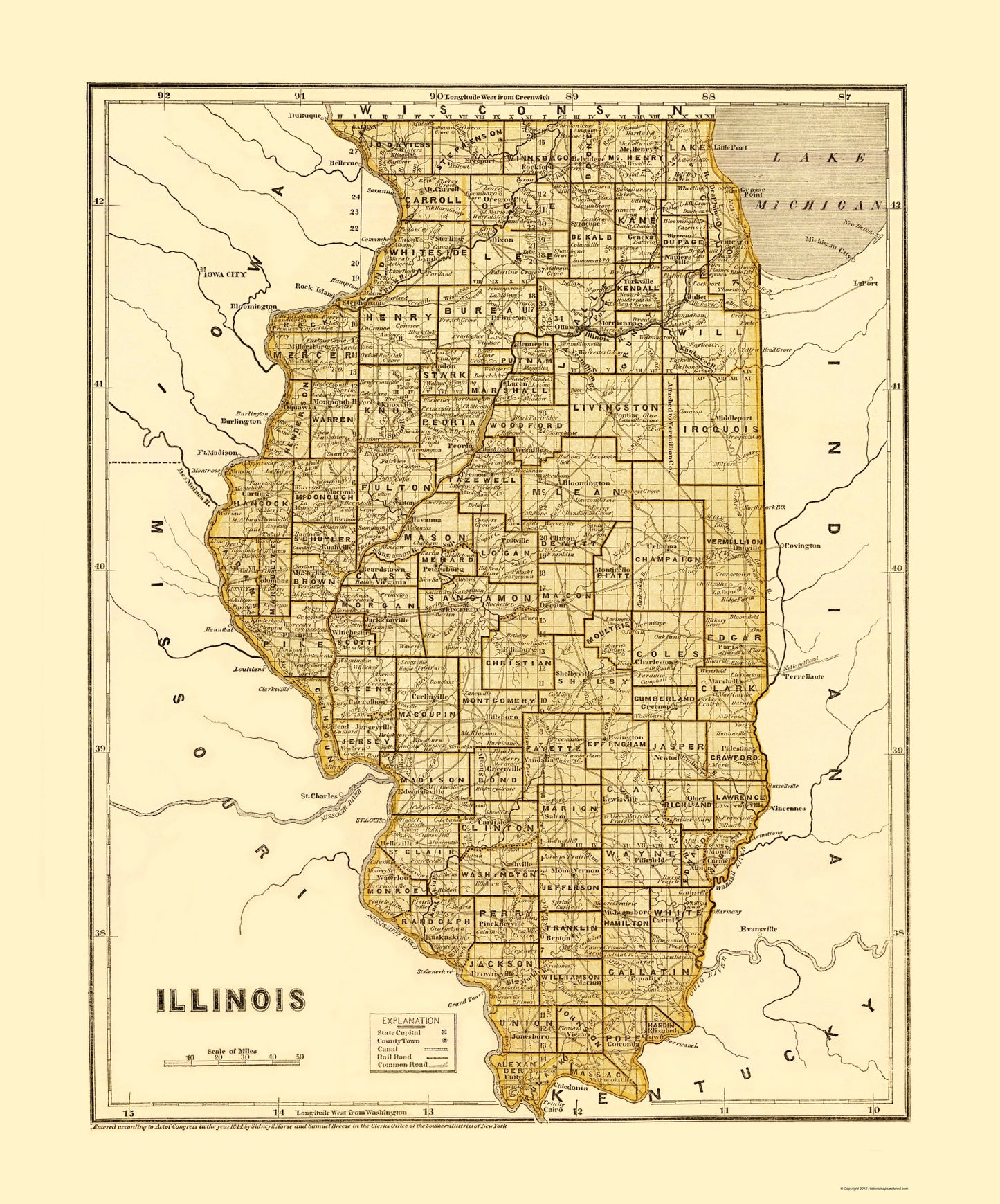 Historic State Map - Illinois - Morse  1845 - 23 x 27.68 - Vintage Wall Art