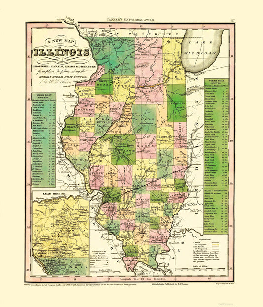 Historic Nautical Map - Stage Steam Boat Routes - Tanner 1836 - 23 x 26.89 - Vintage Wall Art