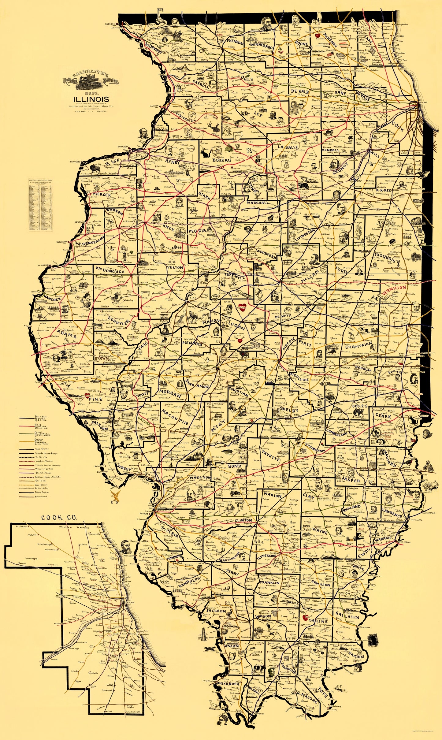 Railroad Map - Railroad Routes Illinois - McEwen 1897 - 23 x 38.51 - Vintage Wall Art