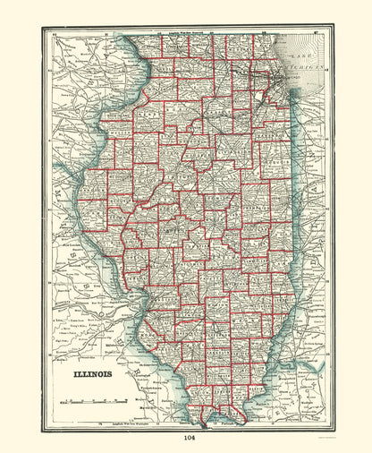 Historic State Map - Illinois - Rathbun 1893 - 23 x 28.00 - Vintage Wall Art