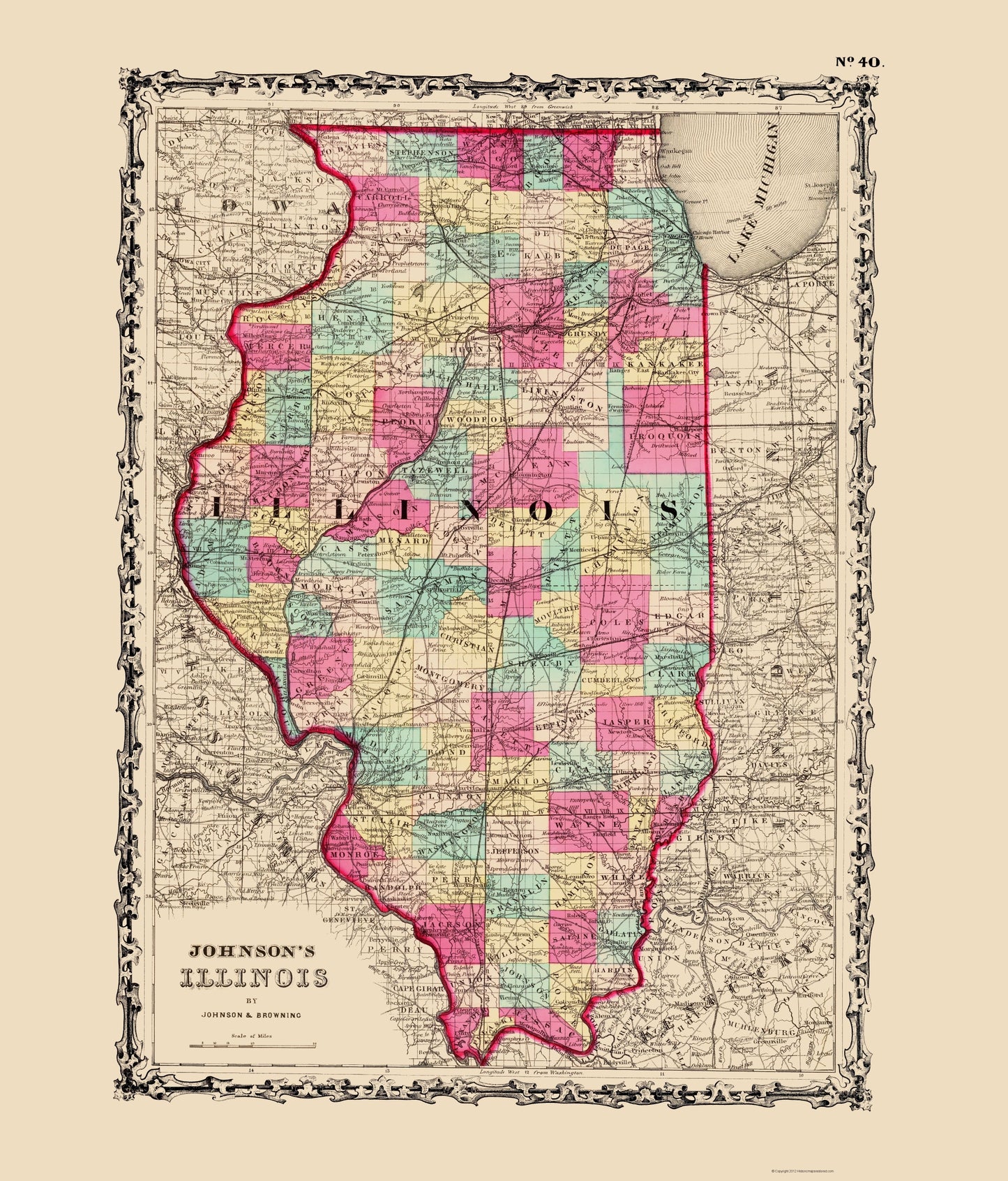 Historic State Map - Illinois - Johnson 1860 - 23 x 26.92 - Vintage Wall Art