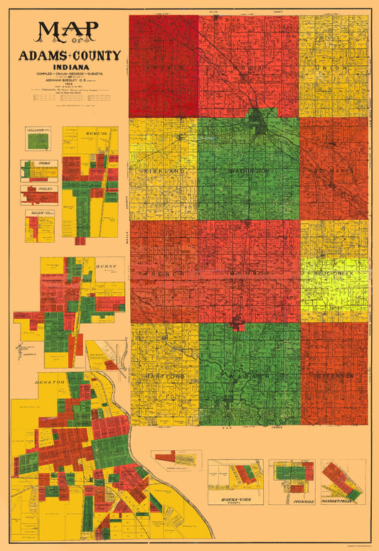 Historic County Map - Adams County Indiana - Boegley 1908 - 23 x 33.46 - Vintage Wall Art