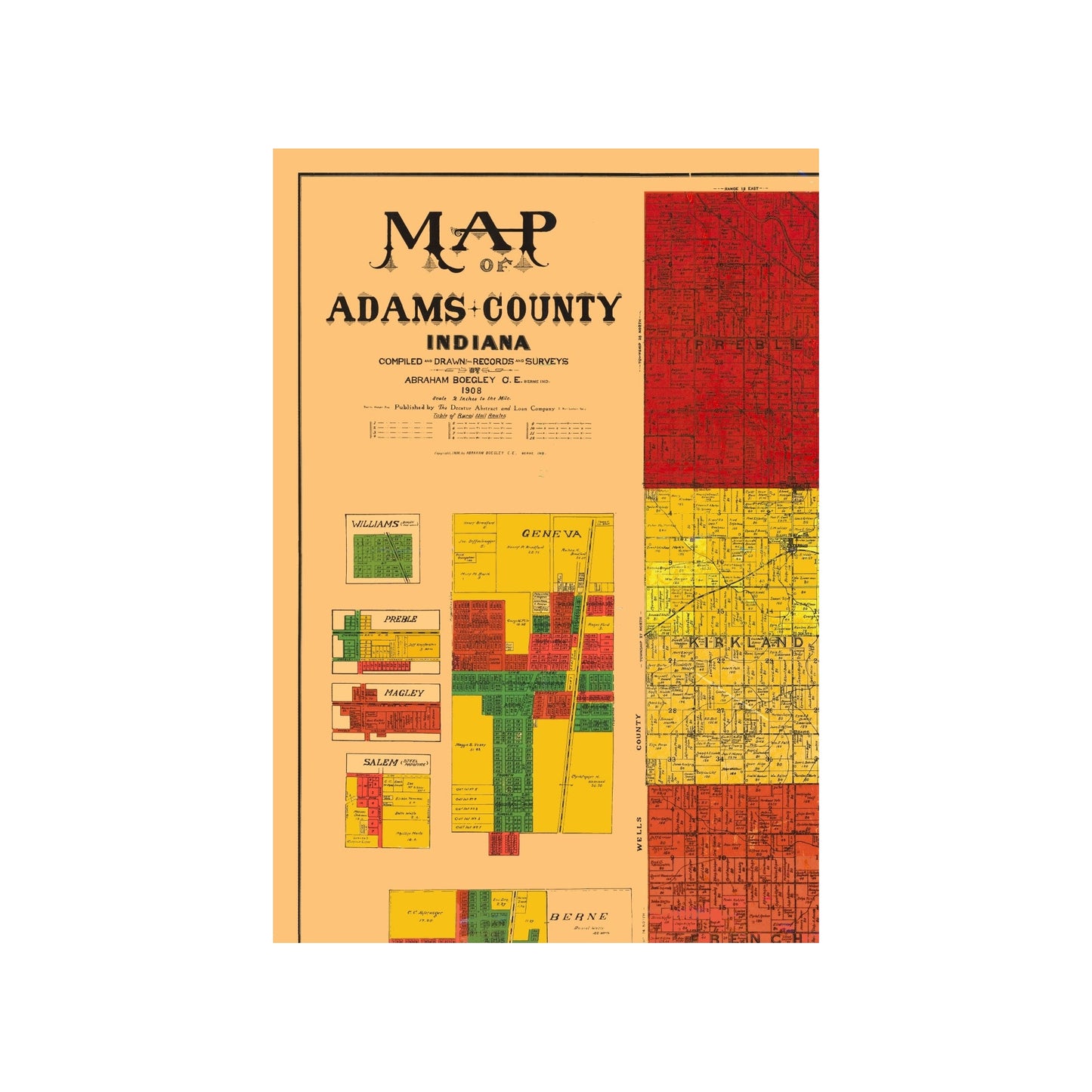 Historic County Map - Adams County Indiana - Boegley 1908 - 23 x 33.46 ...
