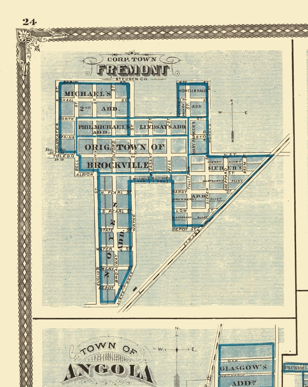 Historic City Map - Angola Fremont Pleasant Lake Butler Orland Indiana - Baskin 1876 - 23x28 - Vintage Wall Art