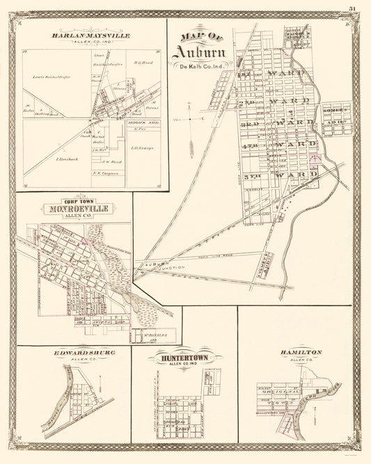 Historic City Map - Auburn Indiana - Baskin 1876 - 23 x 28.79 - Vintage Wall Art