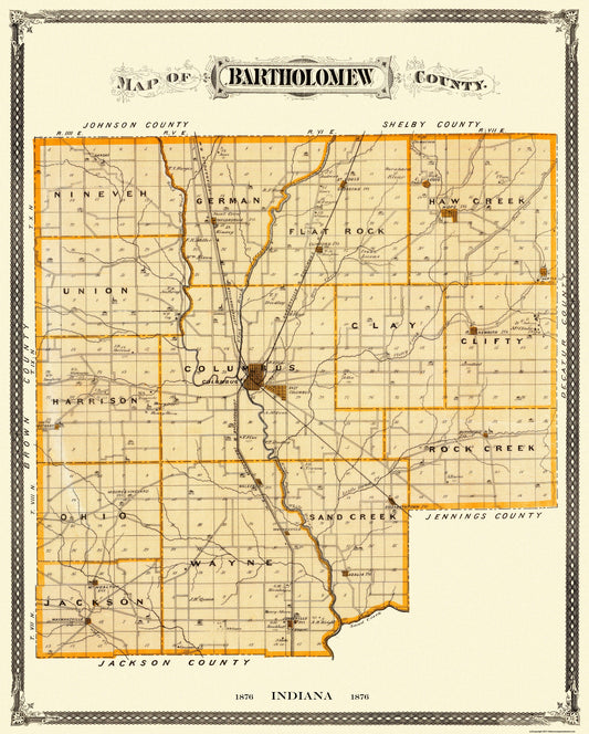 Historic County Map - Bartholomew County Indiana - Andreas 1876 - 23 x 28.69 - Vintage Wall Art