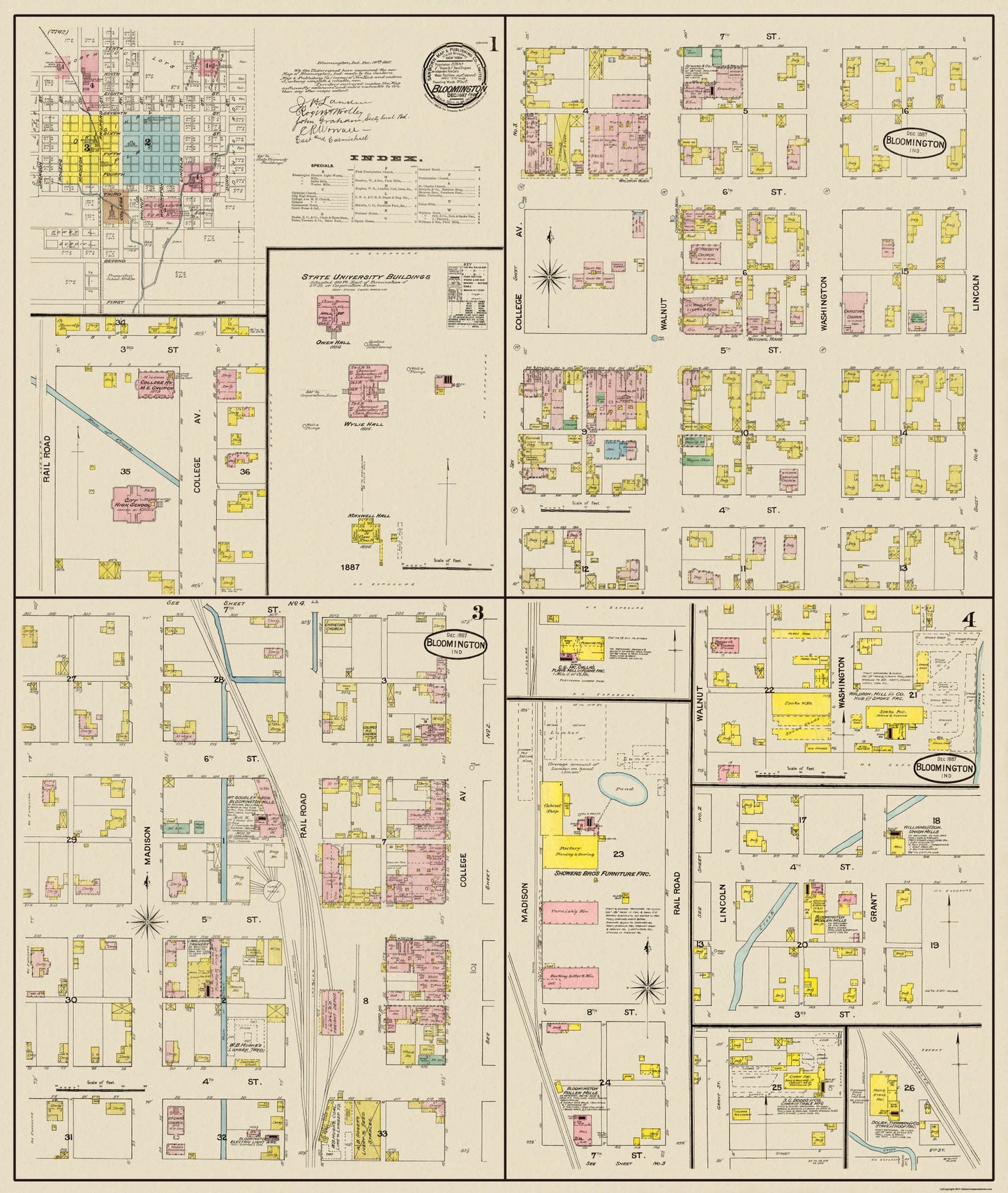 Historic City Map - Bloomington Indiana - Sanborn 1887 - 23 x 27.19 - Vintage Wall Art