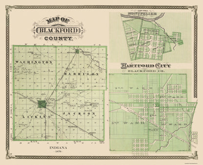 Historic County Map - Blackford County Indiana - Andreas 1876 - 28.31 x 23 - Vintage Wall Art