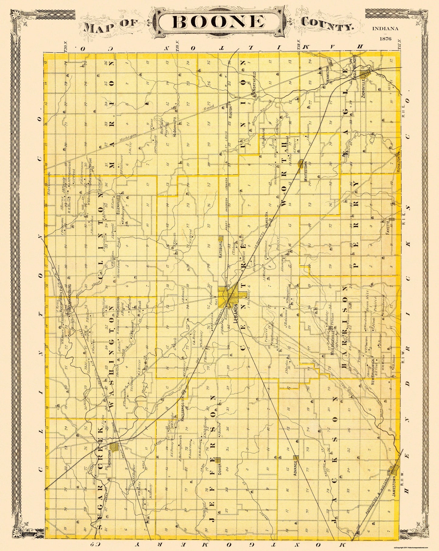 Historic County Map - Boone County Indiana - Andreas 1876 - 23 x 28.88 - Vintage Wall Art