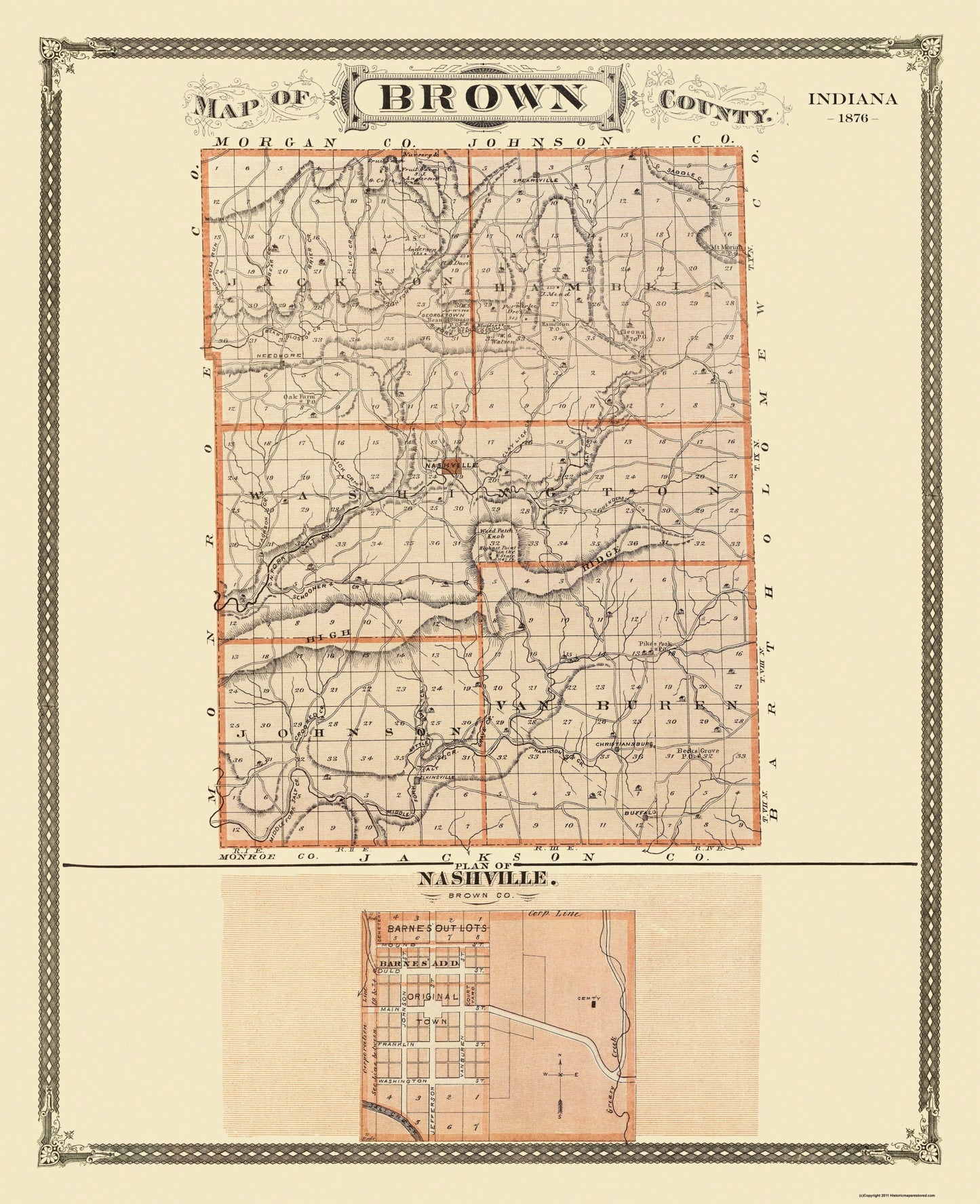 Historic County Map - Brown County Indiana - Andreas 1876 - 23 x 28.25 - Vintage Wall Art