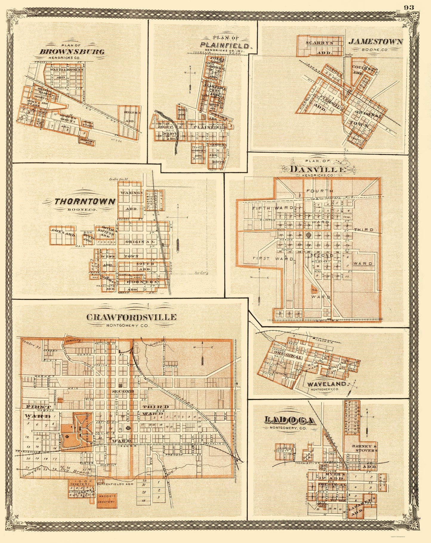 Historic City Map - Brownsburg Plainfield Jamestown Indiana - Baskin 1876 - 23 x 28.95 - Vintage Wall Art