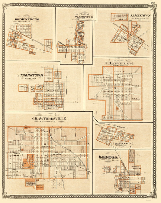 Historic City Map - Brownsburg Plainfield Jamestown Indiana - Baskin 1876 - 23 x 28.95 - Vintage Wall Art