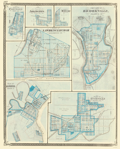 Historic City Map - Brookeville Rushville Aurora Lawrenceburgh Indiana - Baskin 1876 - 23x28 - Vintage Wall Art