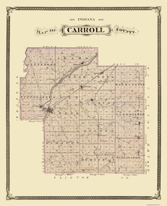 Historic County Map - Carroll County Indiana - Andreas 1876 - 23 x 28.38 - Vintage Wall Art