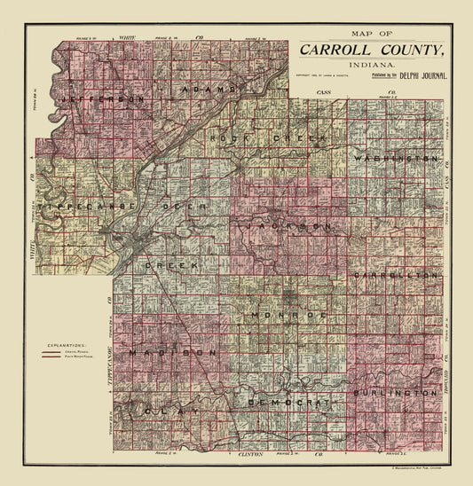 Historic County Map - Carroll County Indiana - Landis 1898 - 23 x 23.66 - Vintage Wall Art