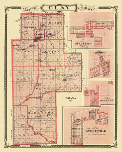 Historic County Map - Clay County Indiana - Andreas 1876 - 23 x 28.63 - Vintage Wall Art