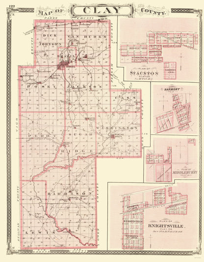 Historic County Map - Clay County Indiana - Baskin 1876 - 23 x 29.58 - Vintage Wall Art