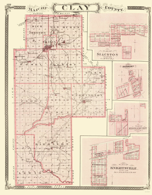 Historic County Map - Clay County Indiana - Baskin 1876 - 23 x 29.58 - Vintage Wall Art