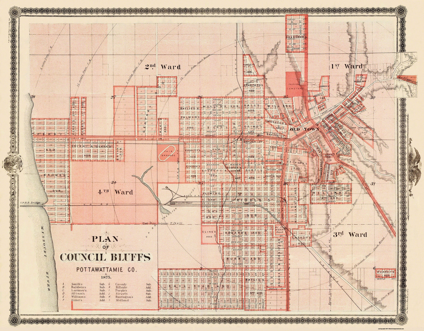 Historic City Map - Council Bluffs Iowa - Andreas 1875 - 29.5 x 23 - Vintage Wall Art