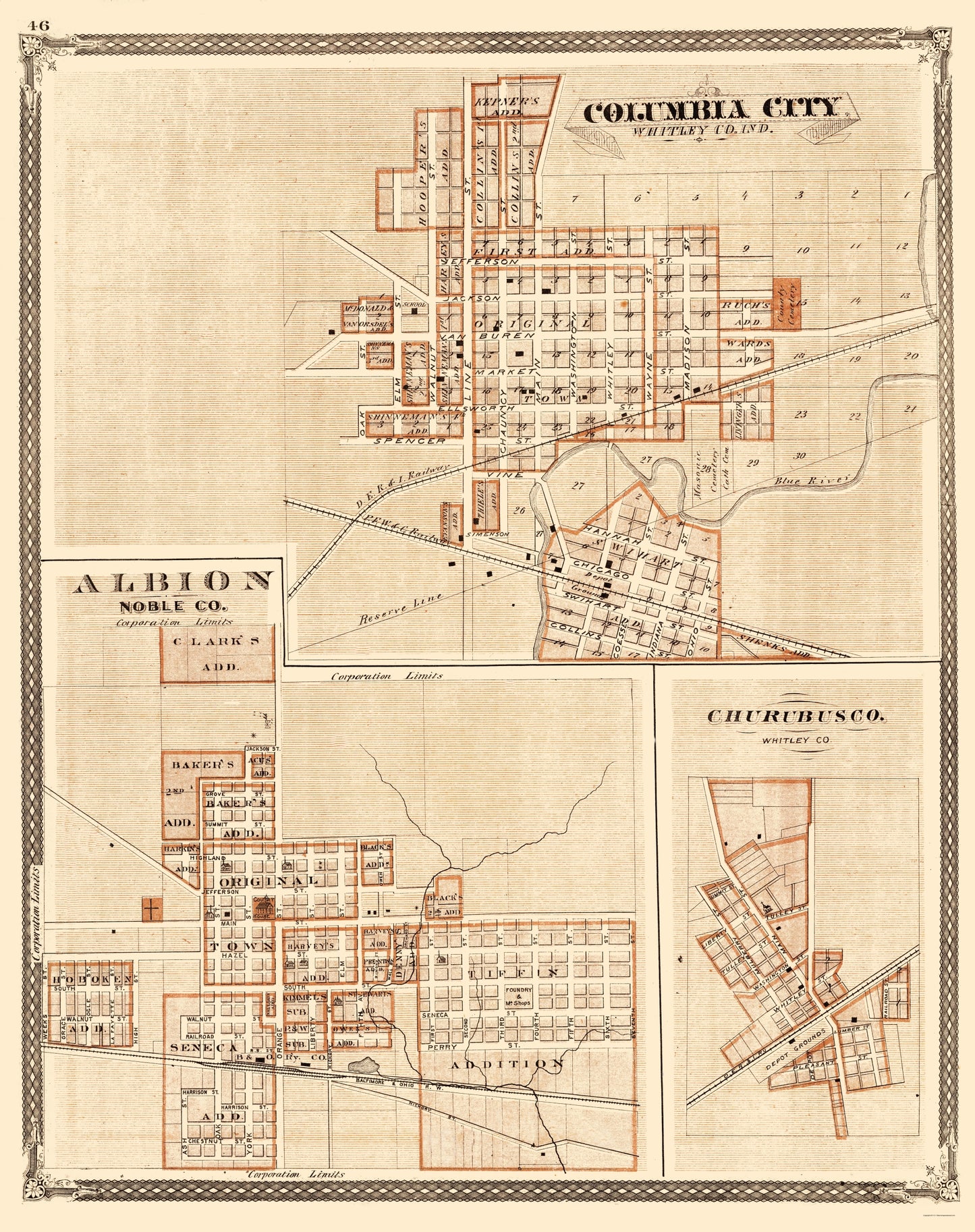 Historic City Map - Columbus City Abion Churubusco Indiana - Baskin 1876 - 23 x 29.06 - Vintage Wall Art