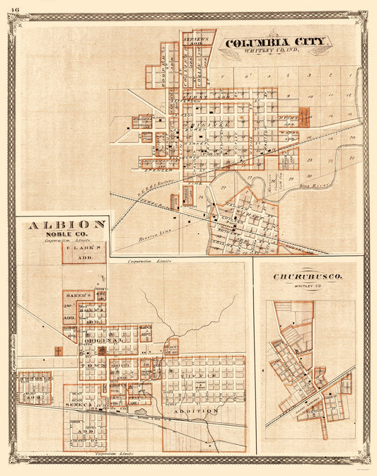 Historic City Map - Columbus City Abion Churubusco Indiana - Baskin 1876 - 23 x 29.06 - Vintage Wall Art