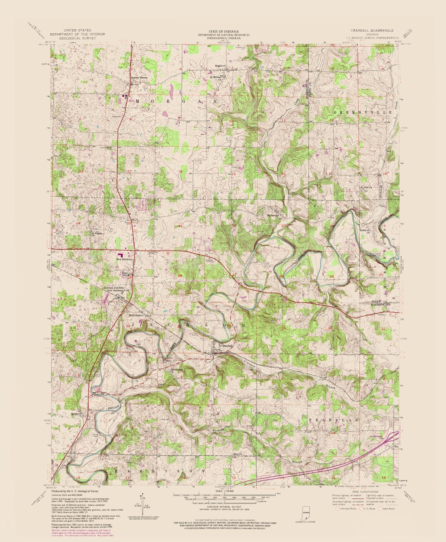 Topographical Map - Crandall Indiana Quad - USGS 1954 - 23 x 27.95 - Vintage Wall Art