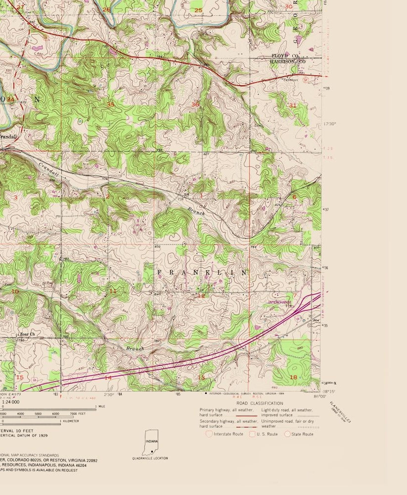 Topographical Map - Crandall Indiana Quad - USGS 1954 - 23 x 27.95 - Vintage Wall Art