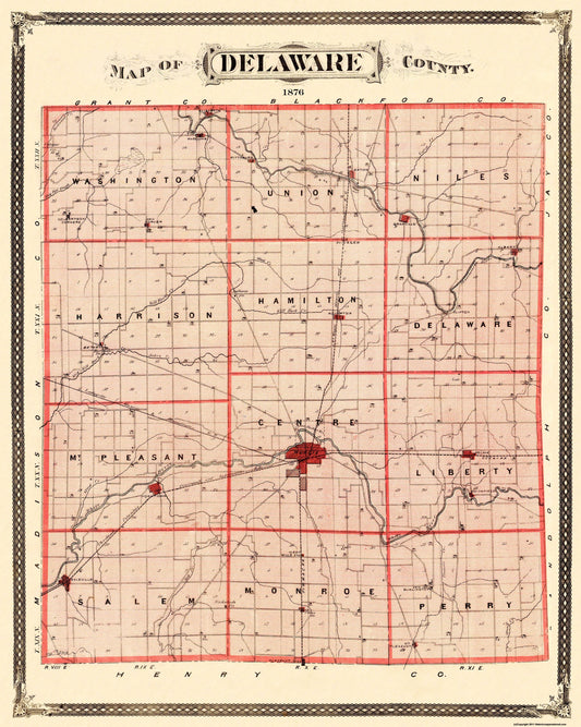 Historic County Map - Delaware Counties Indiana - Andreas 1876 - 23 x 28.75 - Vintage Wall Art