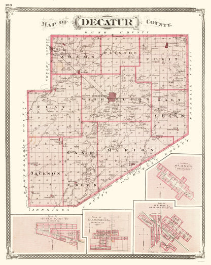 Historic County Map - Decatur County Indiana - Baskin 1876 - 23 x 28.86 - Vintage Wall Art