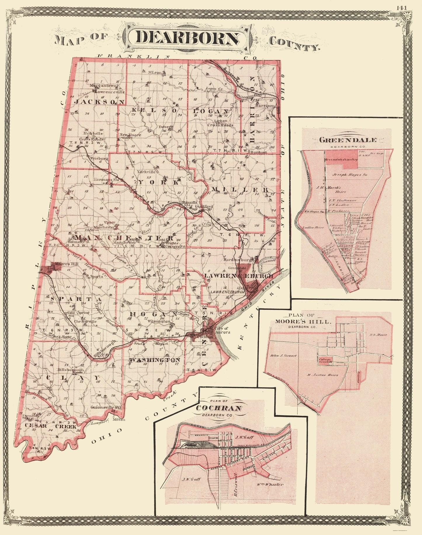 Historic County Map - Dearborn County Indiana - Baskin 1876 - 23 x 29.12 - Vintage Wall Art