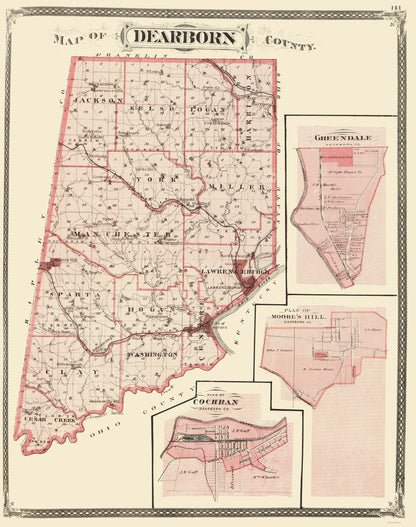 Historic County Map - Dearborn County Indiana - Baskin 1876 - 23 x 29.12 - Vintage Wall Art