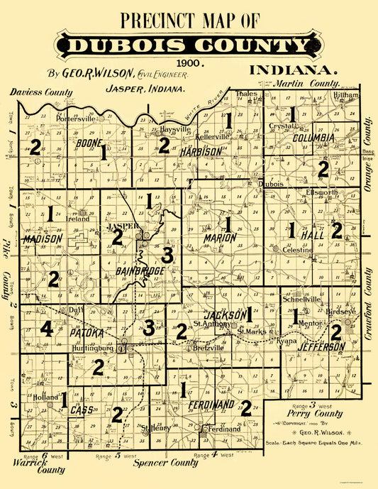 Historic County Map - Dubois County Indiana Precinct - Wilson 1900 - 23 x 29.73 - Vintage Wall Art