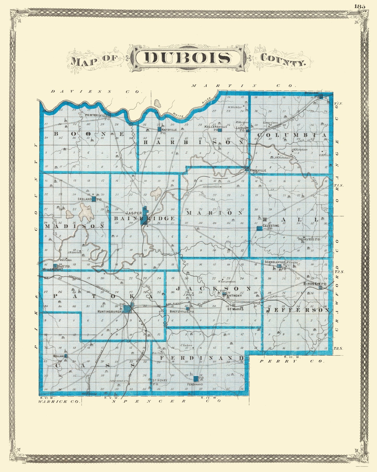 Historic County Map - Dubois County Indiana - Baskin 1876 - 23 x 28.81 - Vintage Wall Art