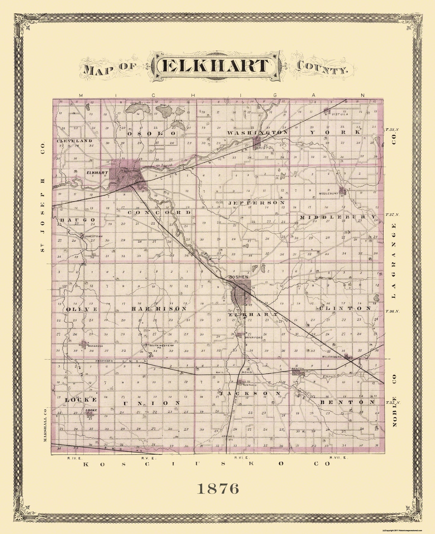 Historic County Map - Elkhart County Indiana County - Andreas 1876 - 23 x 28.25 - Vintage Wall Art