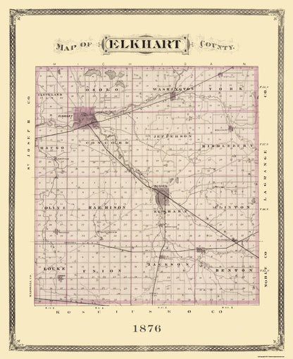 Historic County Map - Elkhart County Indiana County - Andreas 1876 - 23 x 28.25 - Vintage Wall Art