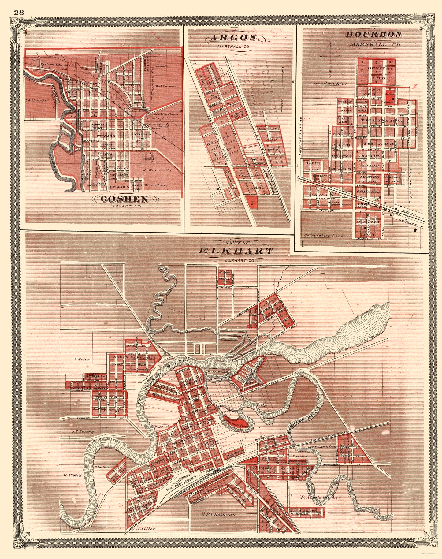 Historic City Map - Elkhart Goshen Argos Bourbon Indiana - Baskin 1876 - 23 x 29.08 - Vintage Wall Art