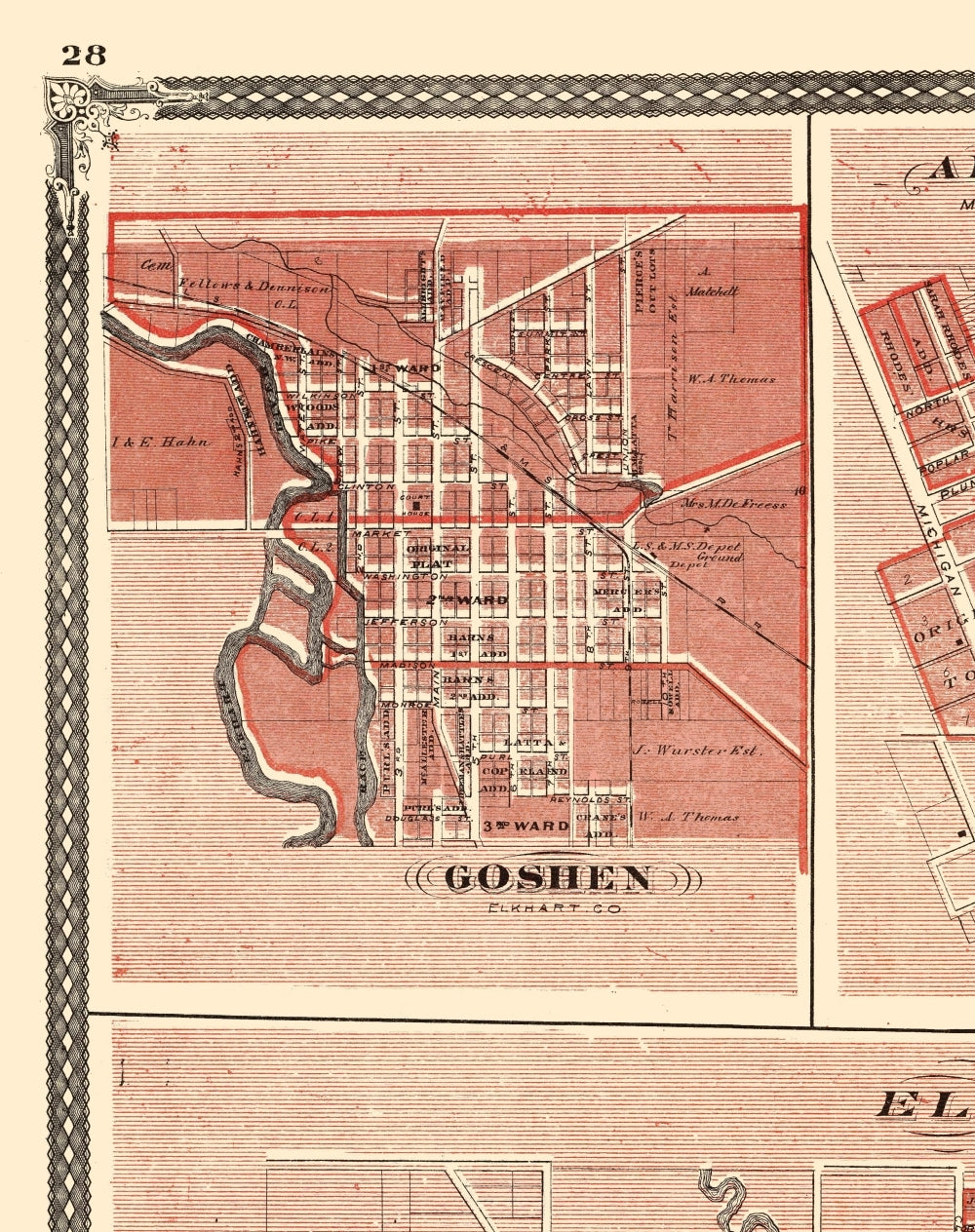 Historic City Map - Elkhart Goshen Argos Bourbon Indiana - Baskin 1876 - 23 x 29.08 - Vintage Wall Art